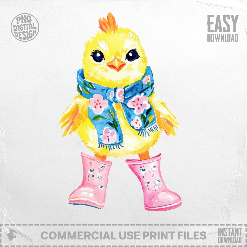 Yellow chick wearing blue scarf with pink flowers and pink boots.