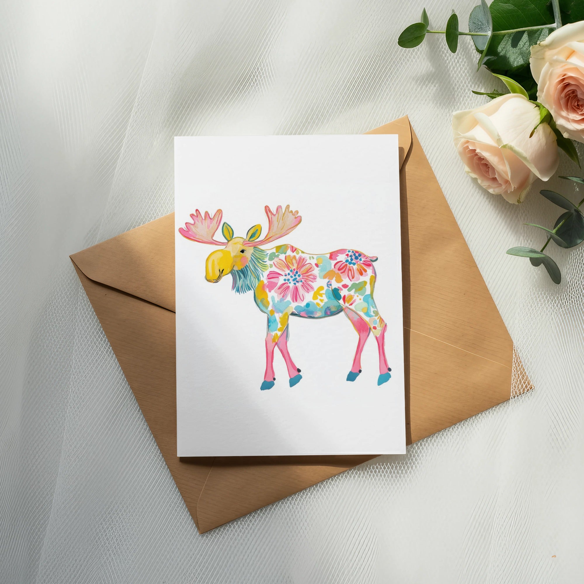Card with colorful floral moose illustration on brown envelope.