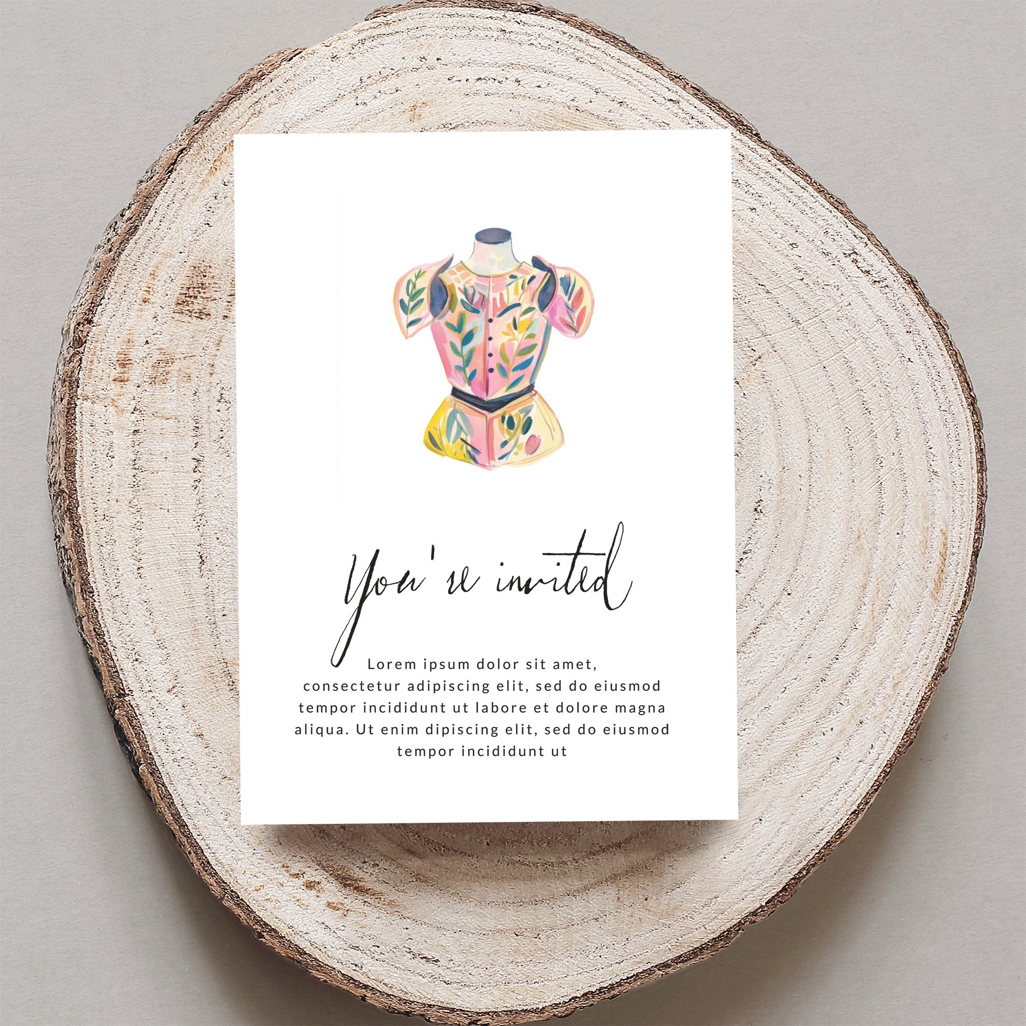 Invitation card with "You're invited" text and watercolor illustration.