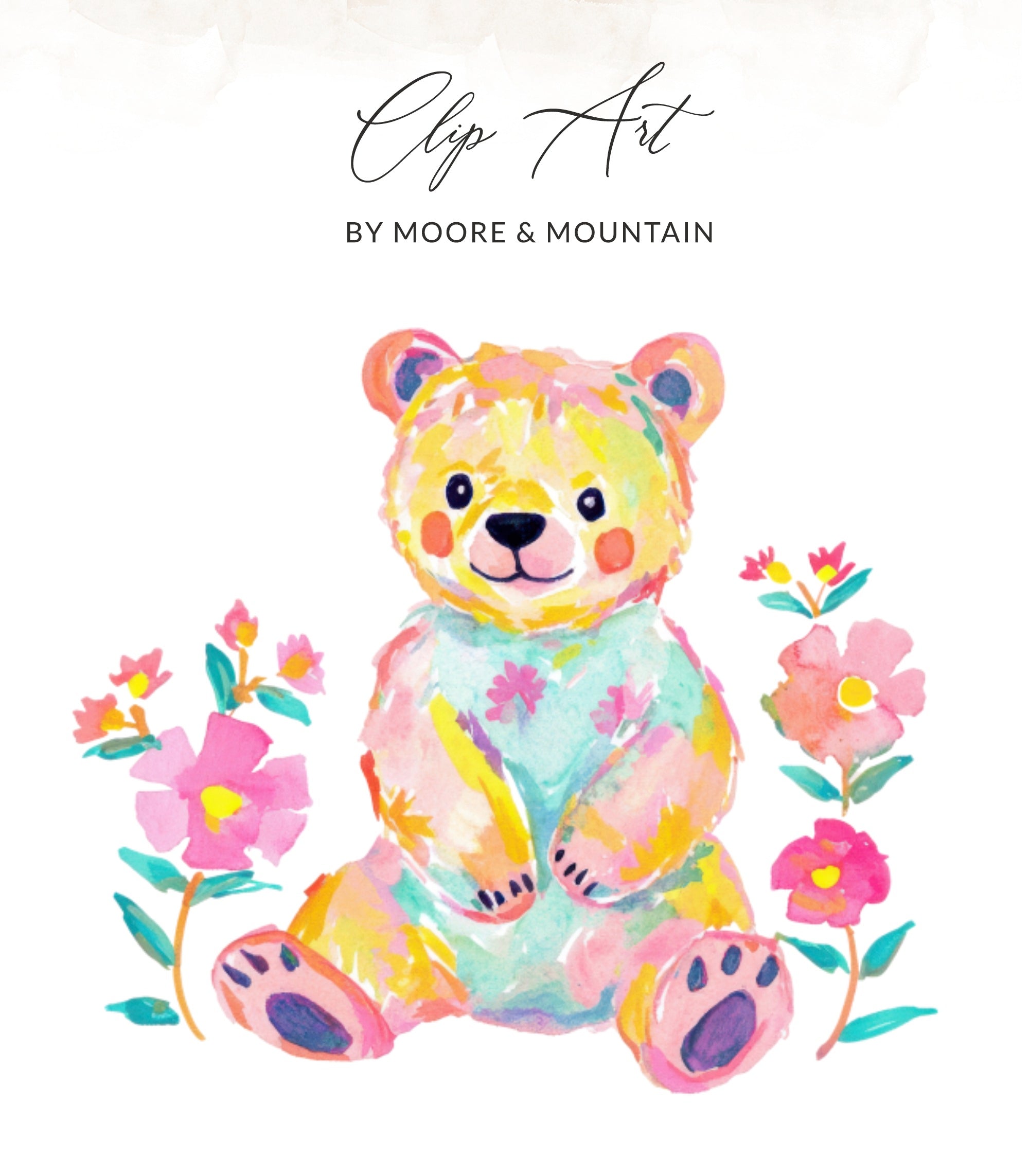 Watercolor teddy bear with flowers and "Clip Art by Moore & Mountain" text.