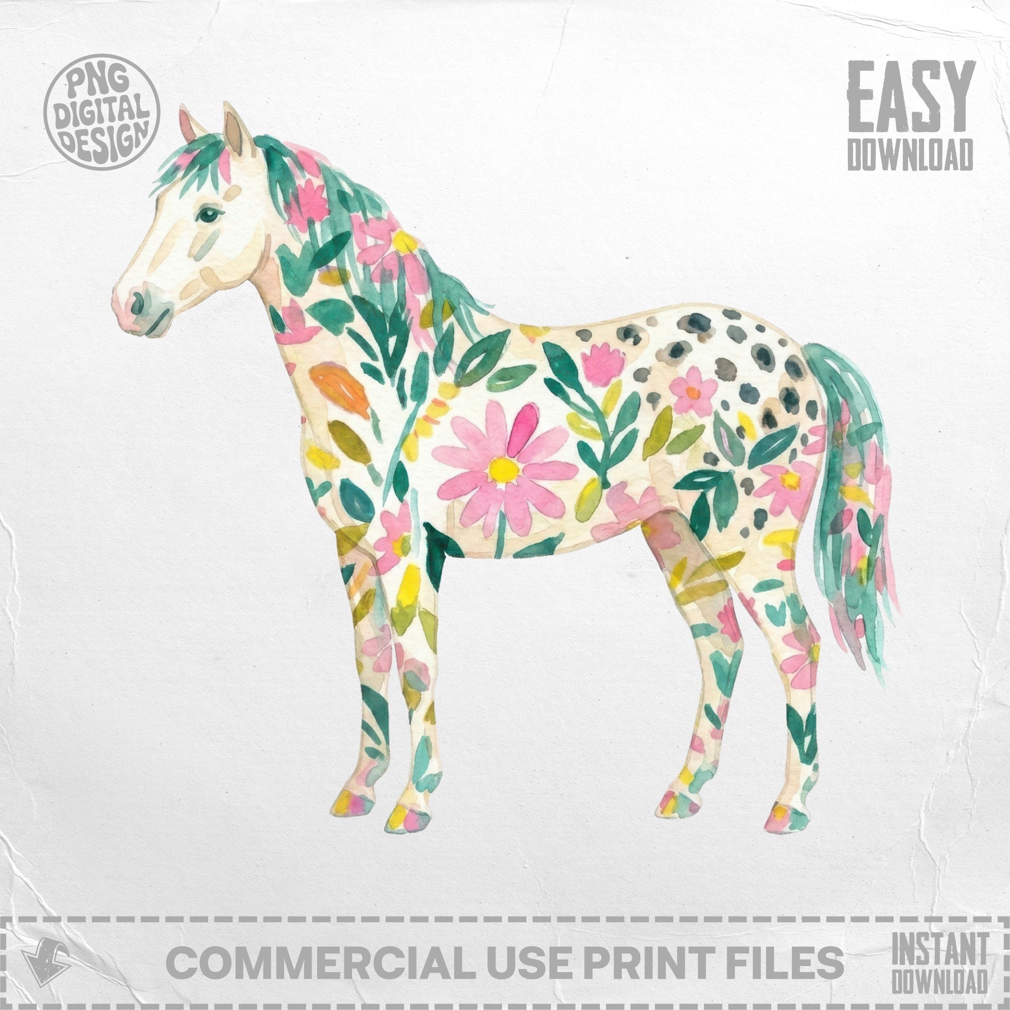 Watercolor horse with floral pattern and black spots, 'Easy Download' text.