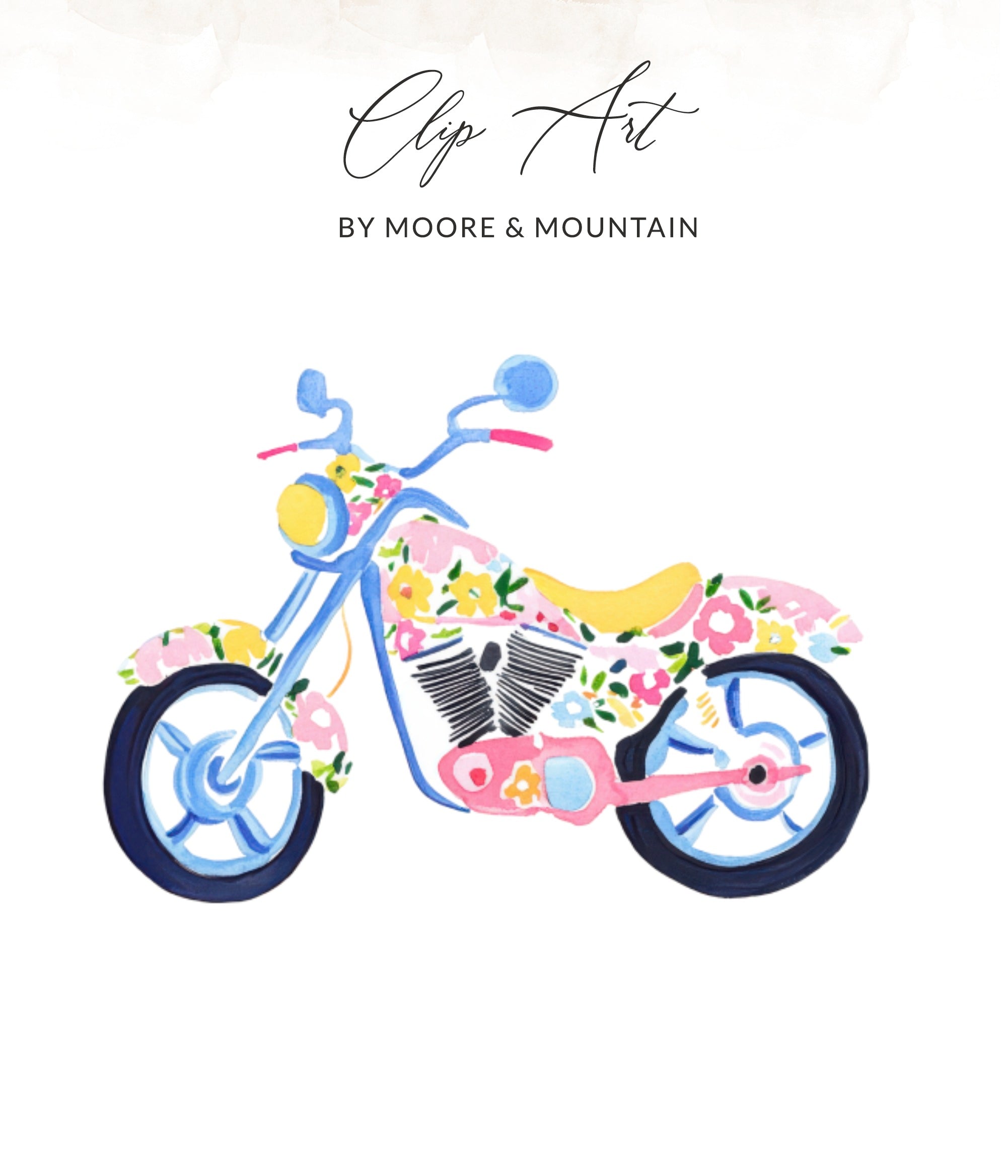 Motorcycle illustration with floral pattern and "Clip Art" text.
