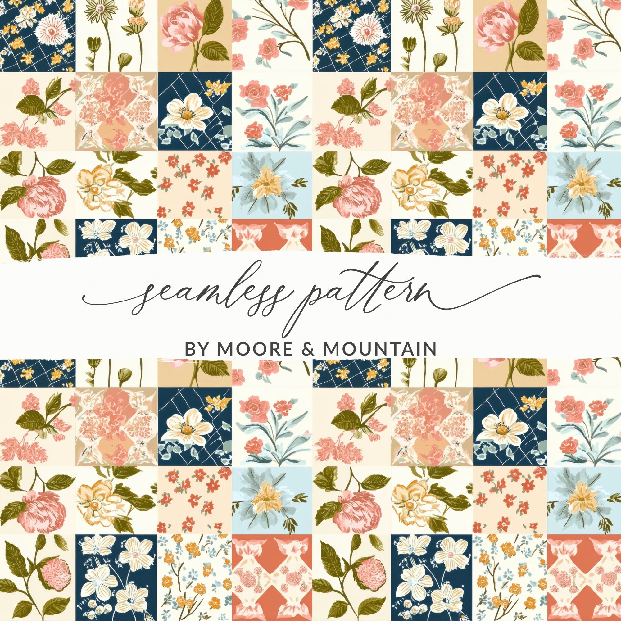 Seamless pattern with floral squares by Moore & Mountain.