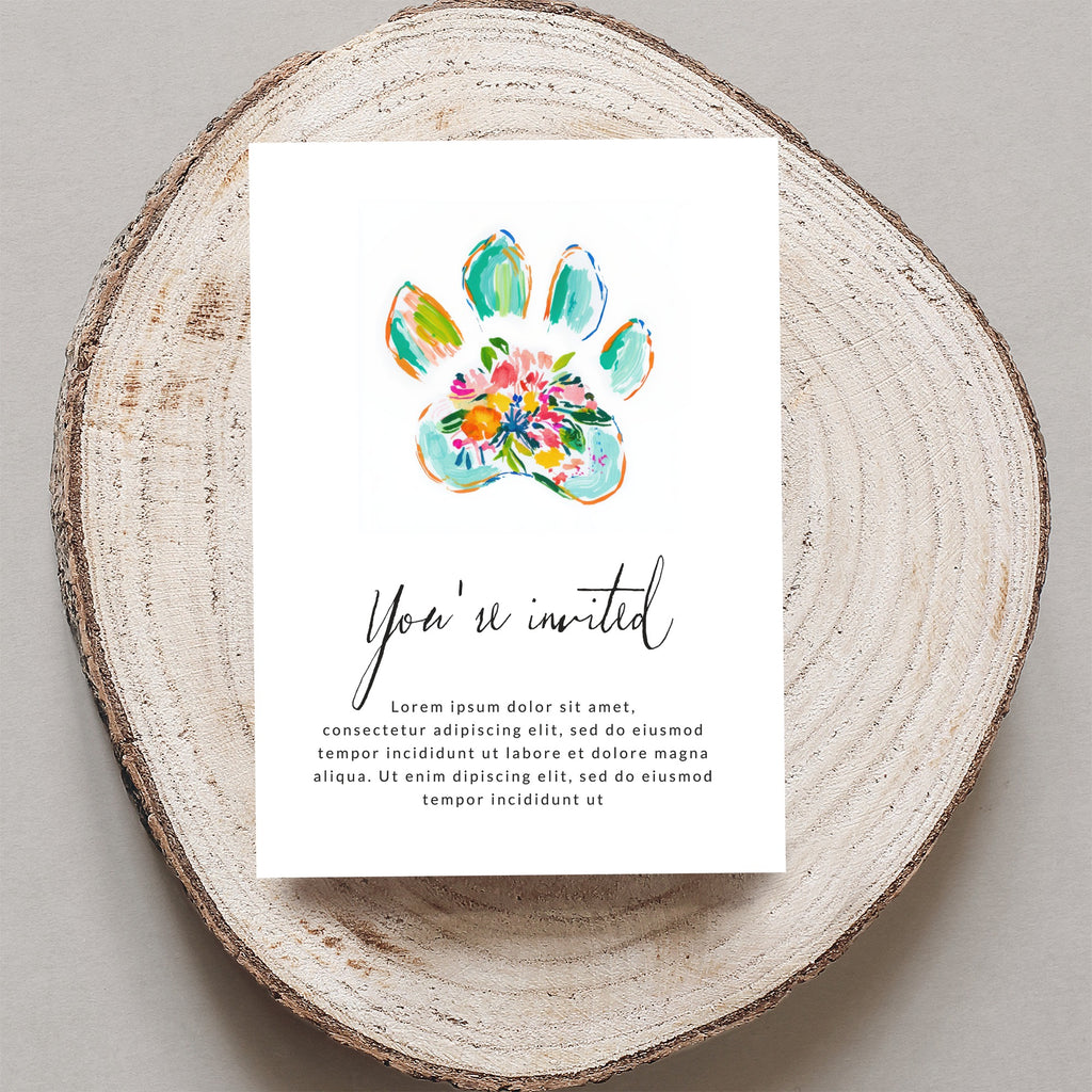 Invitation with floral paw print and placeholder text.