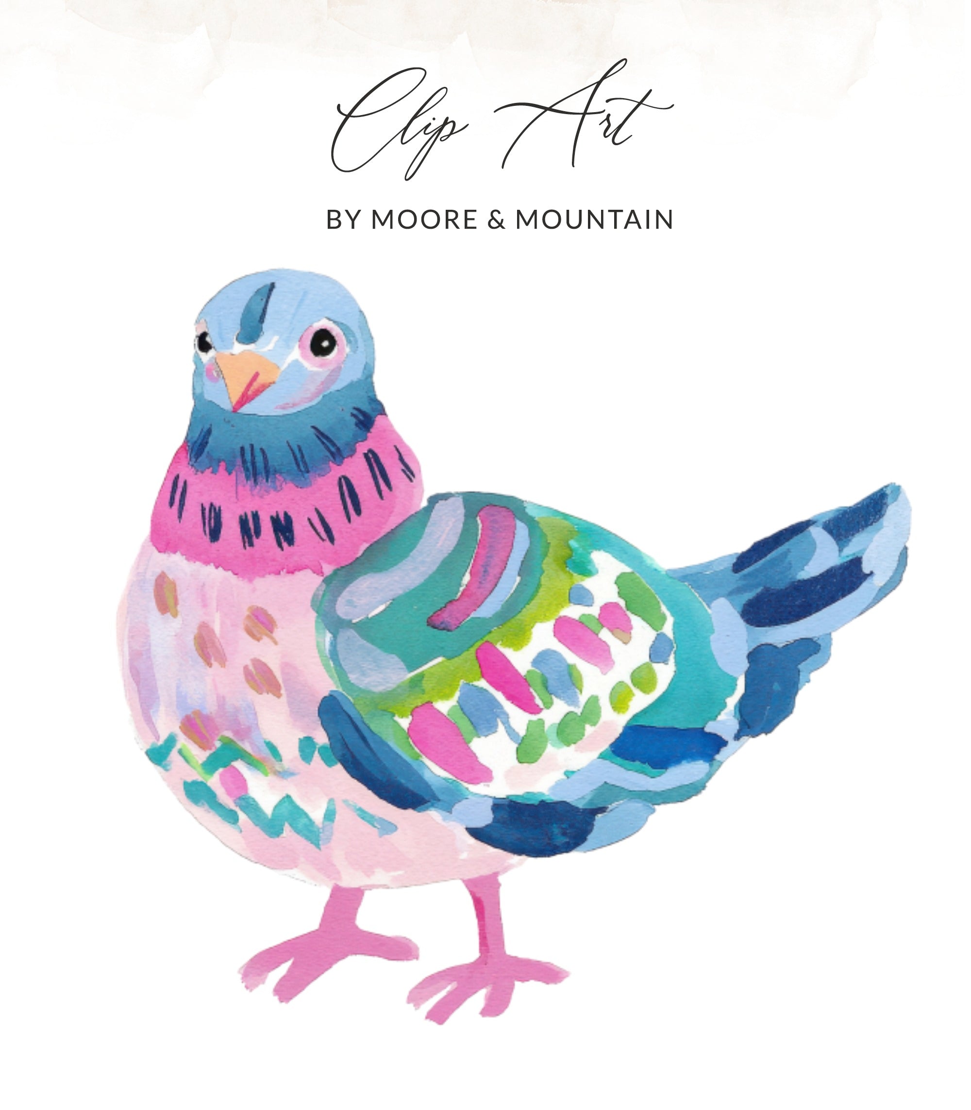 Watercolor clip art of a colorful pigeon with pink and blue accents.