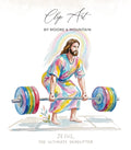 Jesus, the ultimate deadlifter, lifts a rainbow-colored barbell.