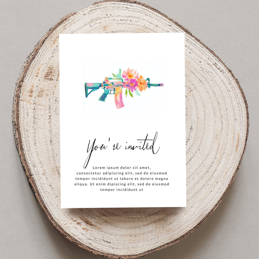 Invitation with floral rifle graphic and "You're invited" text.