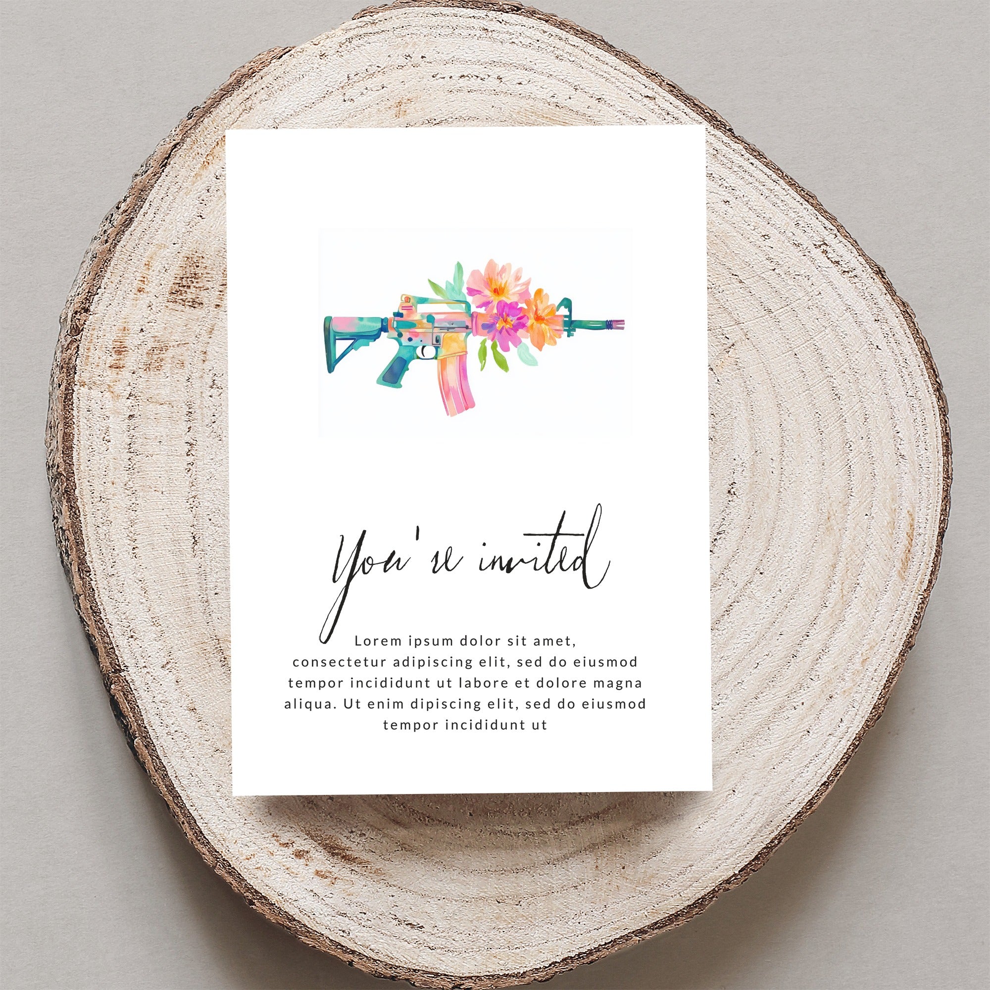 Invitation with floral rifle graphic and "You're invited" text.