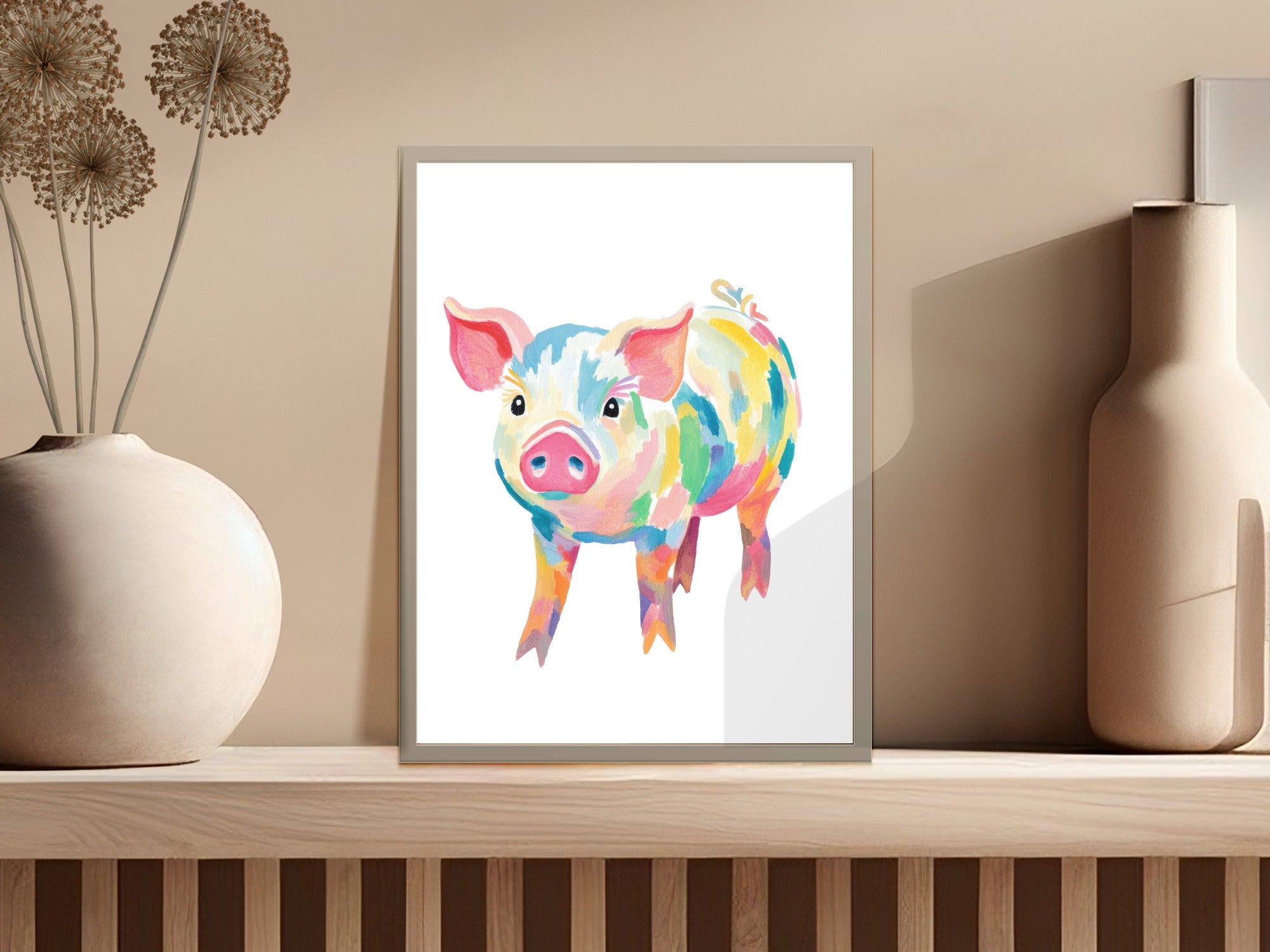 Watercolor pig art print with pink, yellow, and blue splashes.