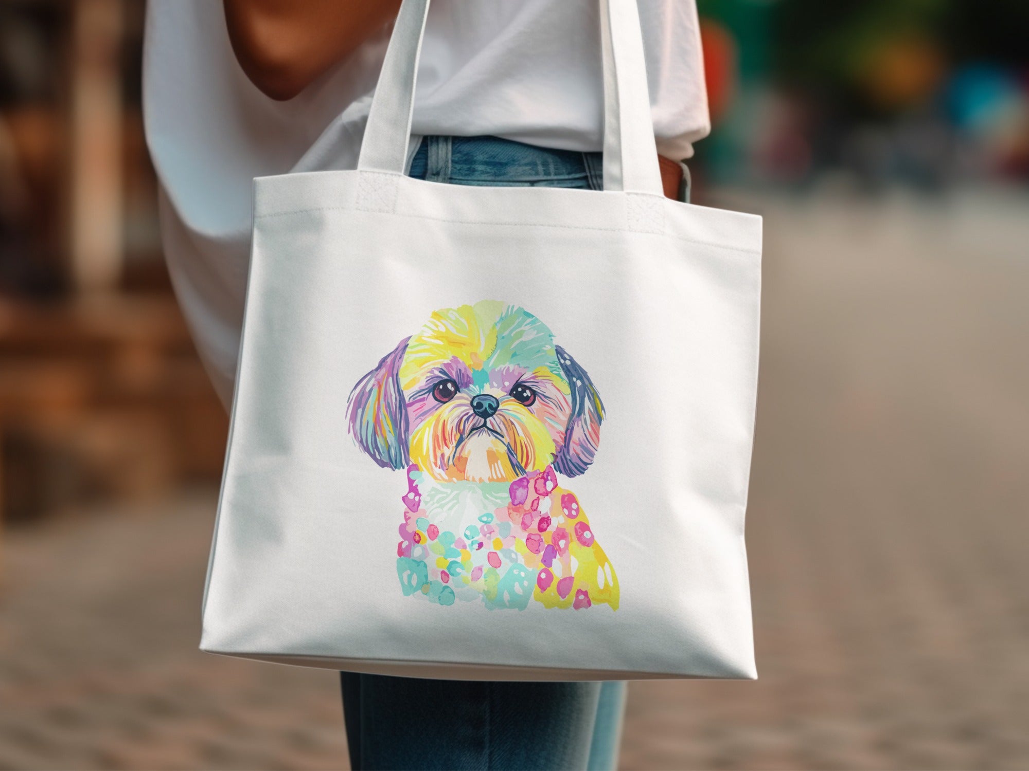 White tote bag with watercolor Shih Tzu dog and colorful floral accents.