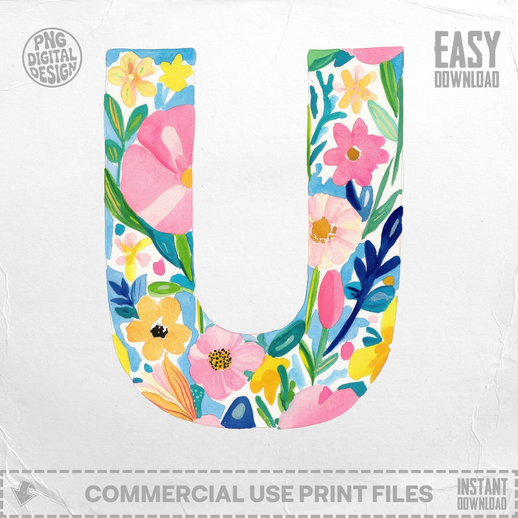 Watercolor letter U with colorful flowers and leaves, "Easy Download" text.