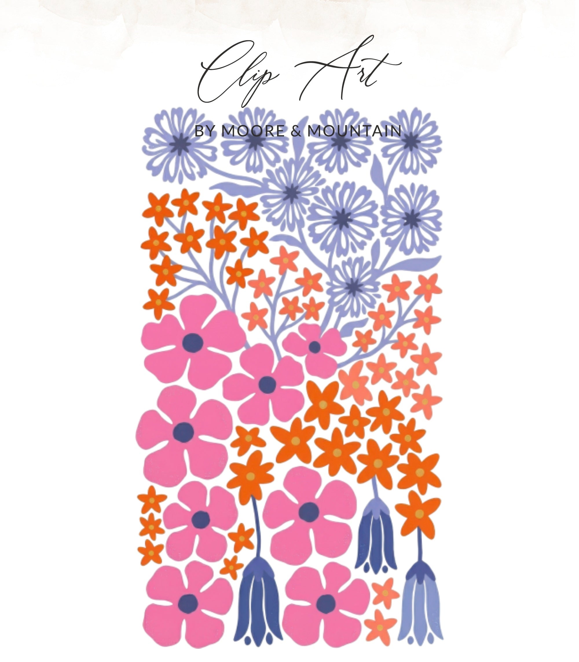 Floral clip art with pink, orange, and purple flowers and leaves.