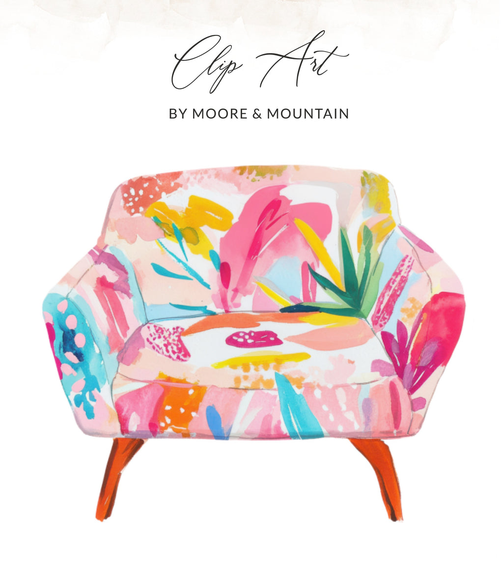 Armchair with colorful abstract floral print and wooden legs.