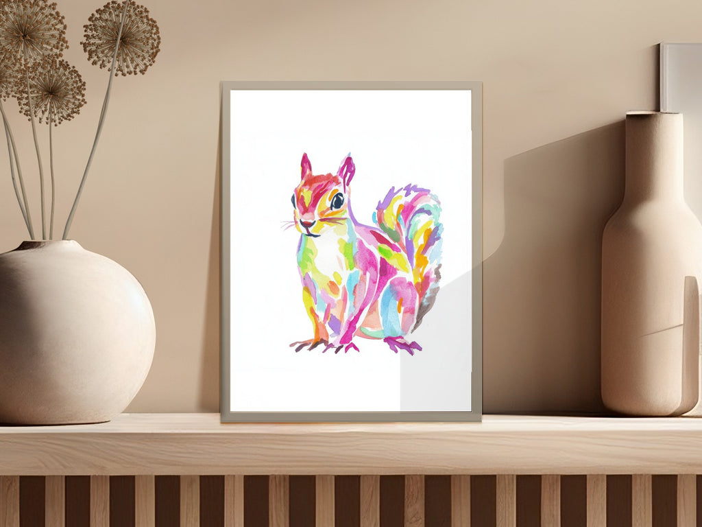 Colorful watercolor painting of a squirrel sitting on a shelf.