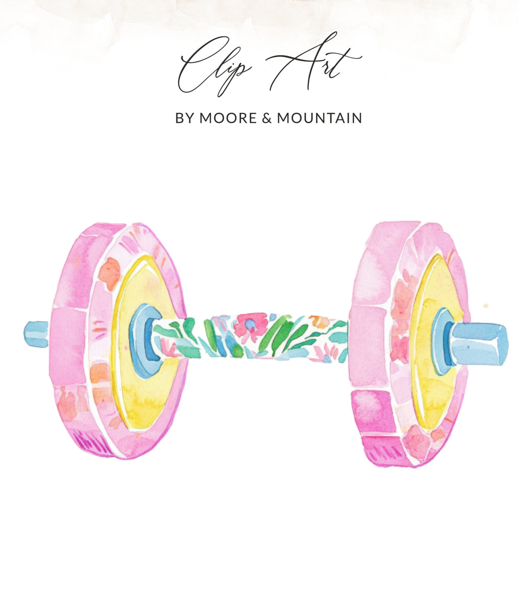 Pink watercolor dumbbell with floral pattern and yellow weights.