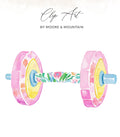 Pink watercolor dumbbell with floral pattern and yellow weights.