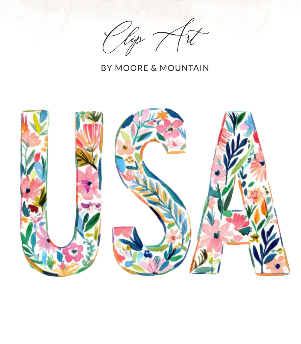 Watercolor letters spelling USA with floral patterns.