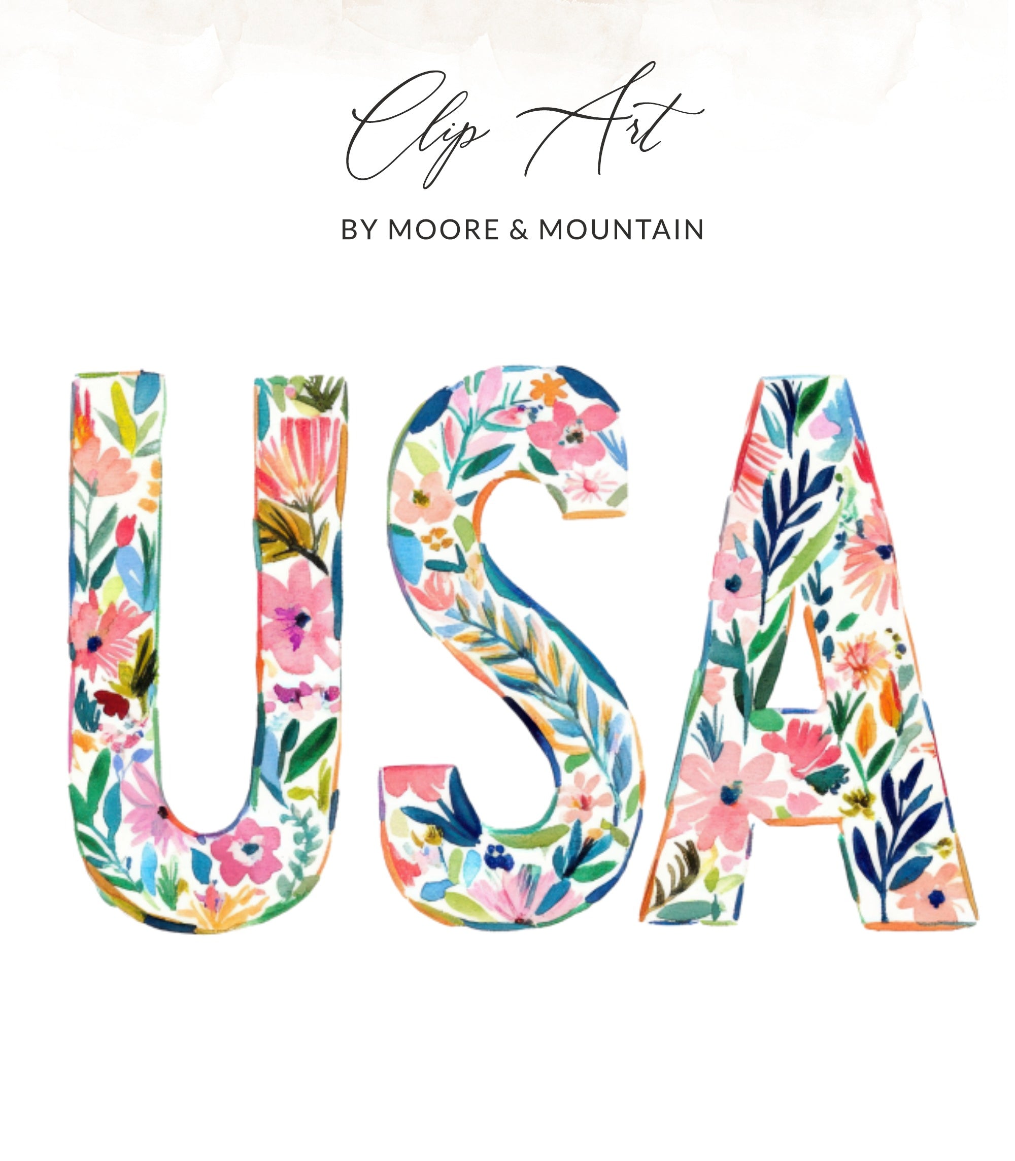 Watercolor letters spelling USA with floral patterns.