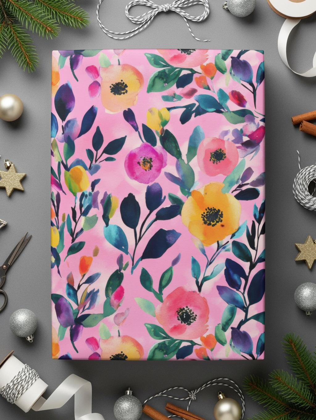 Colorful Floral Pink Background Wrapping Paper