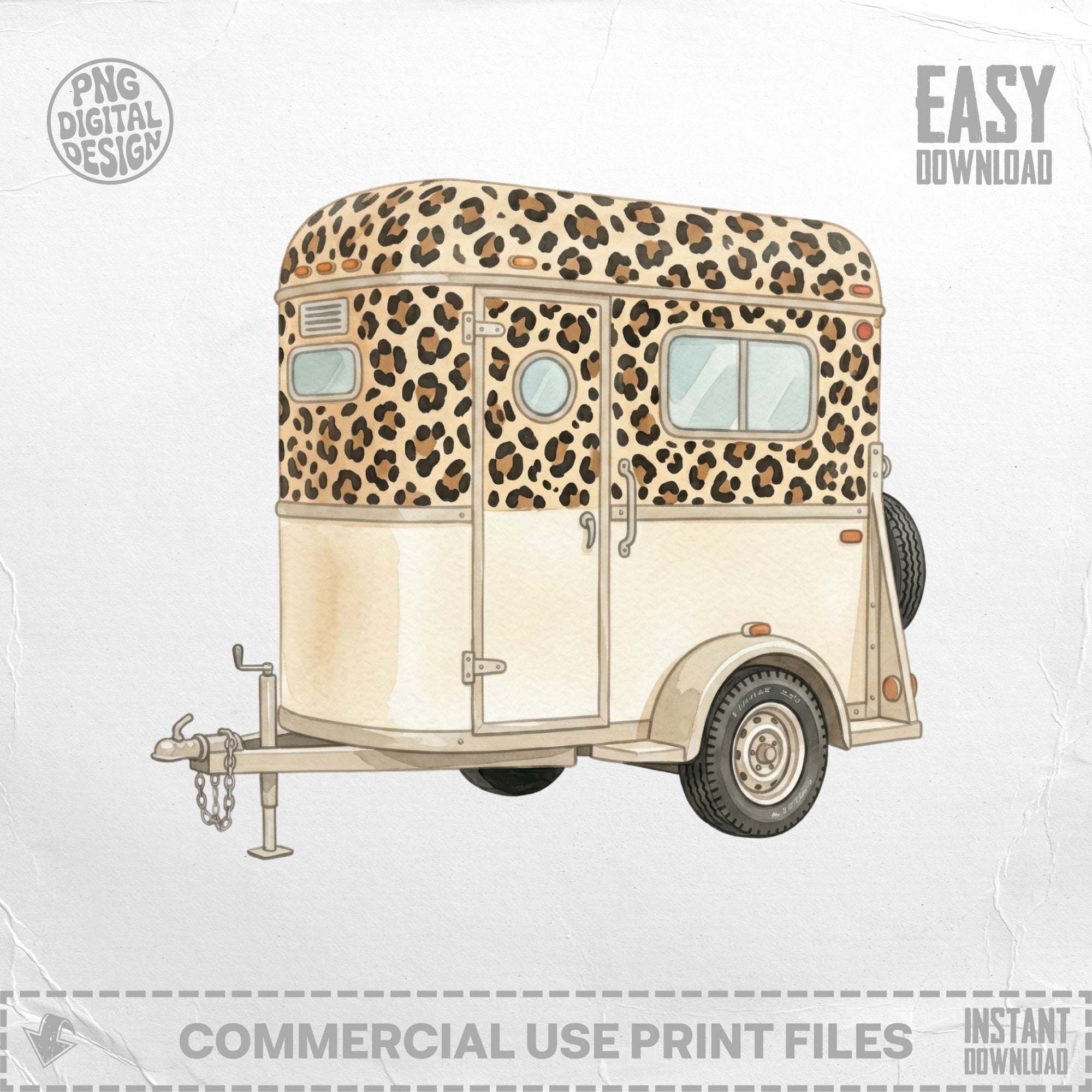 Watercolor illustration of a horse trailer with leopard print accents.