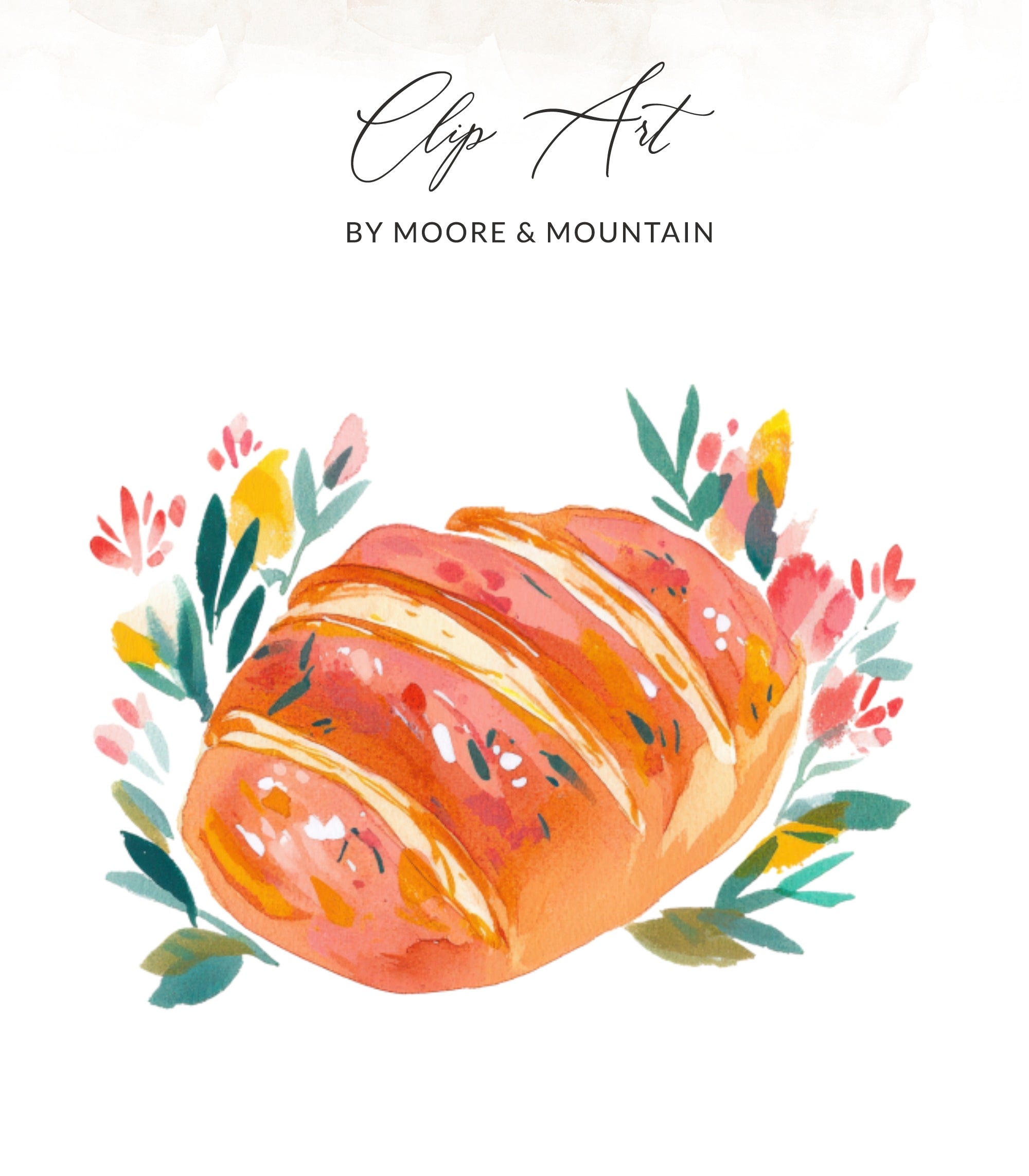 Watercolor loaf of bread with colorful flowers and "Clip Art" text.