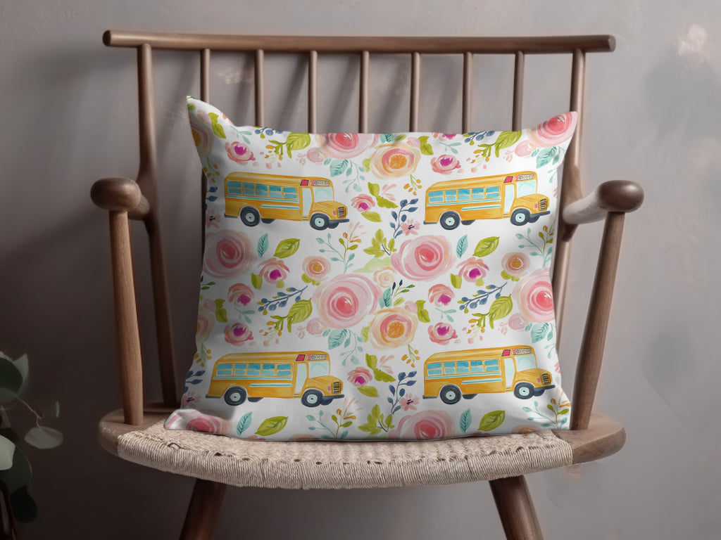 Floral and School Bus Pattern Decorative Pillow