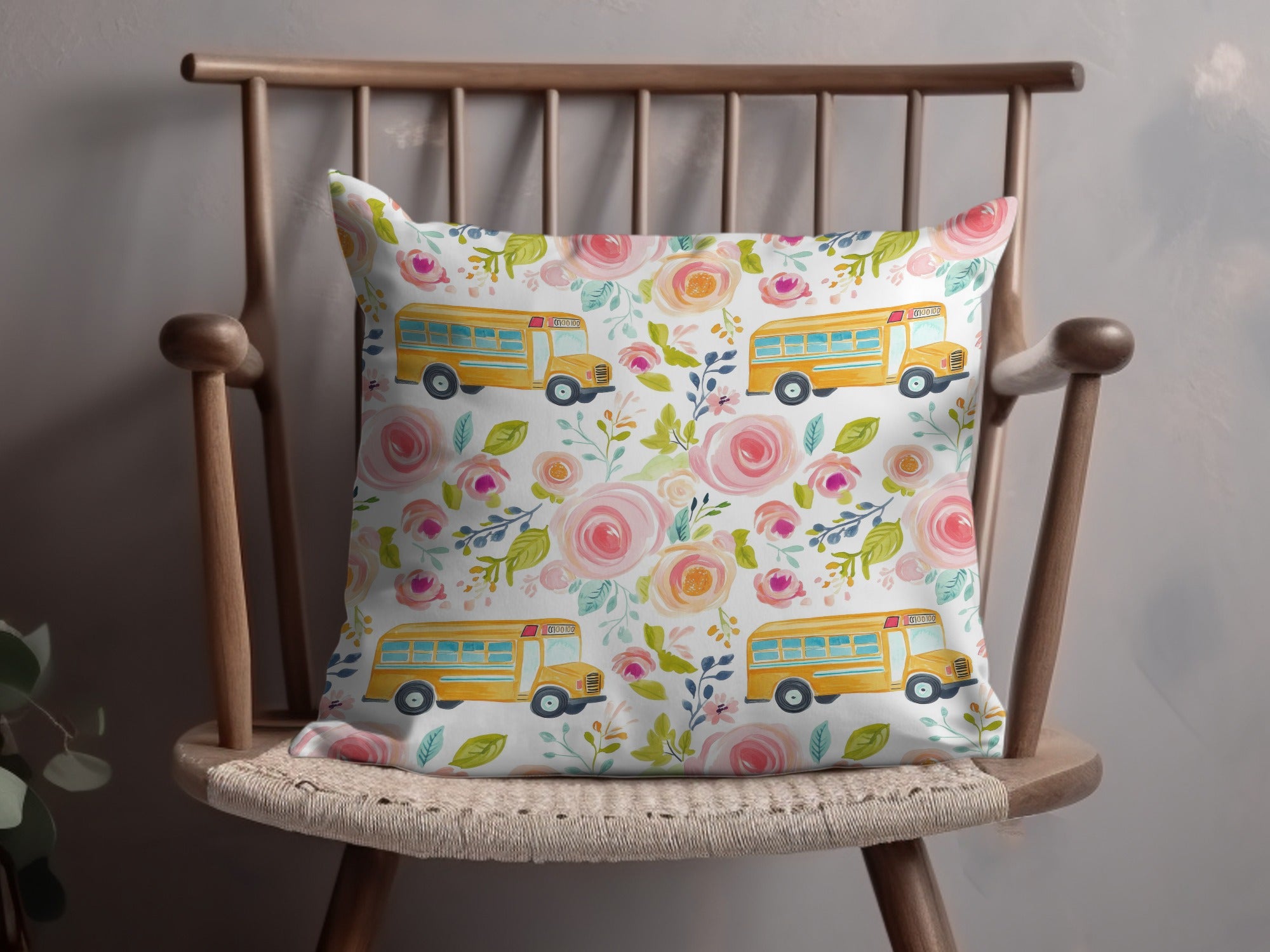 Floral and School Bus Pattern Decorative Pillow