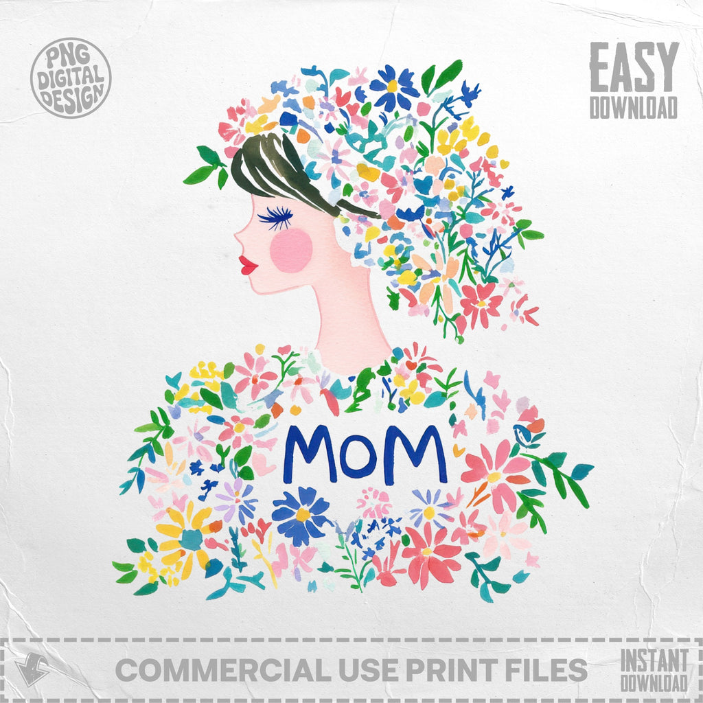 Watercolor illustration of a woman with floral hair and "MOM" text.