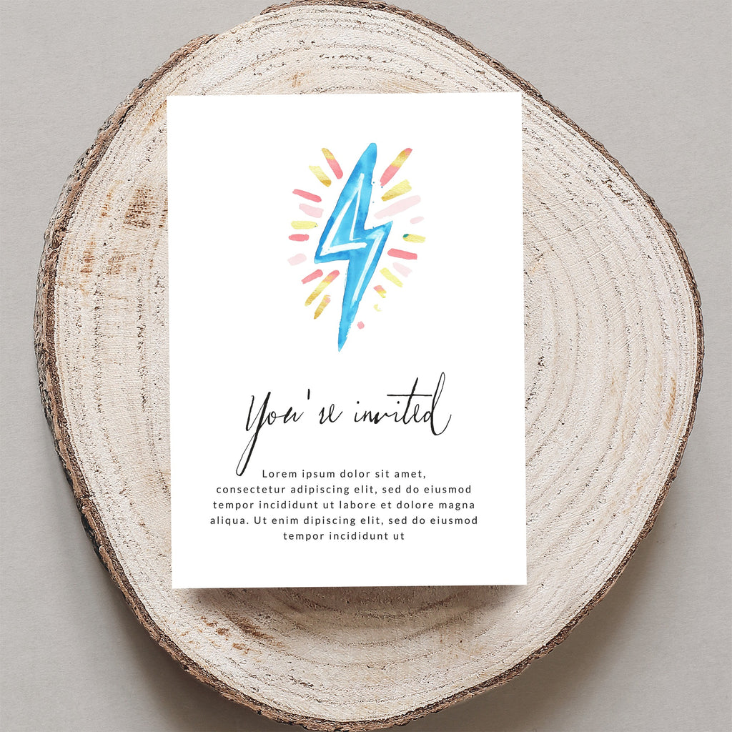 Invitation card with "You're invited" and watercolor lightning bolt.