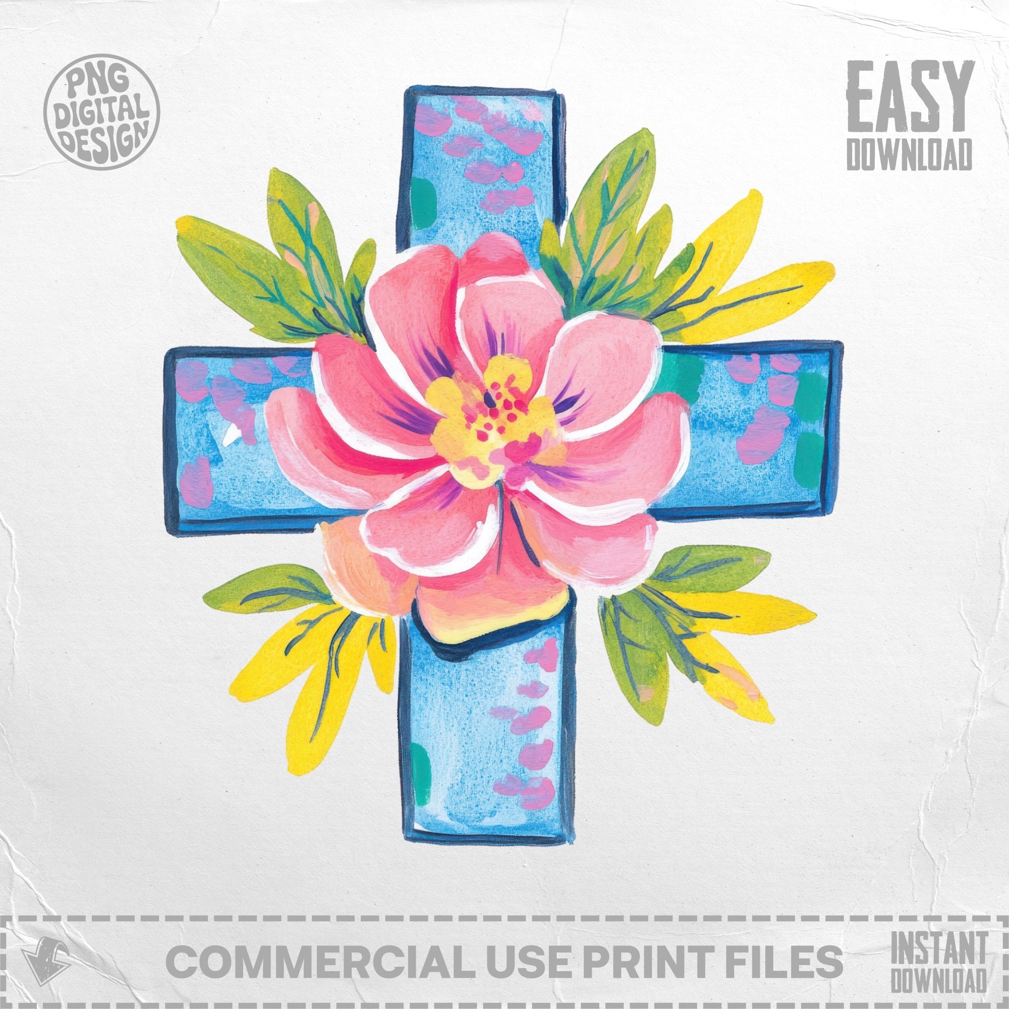 Blue watercolor cross adorned with a pink flower and yellow leaves.