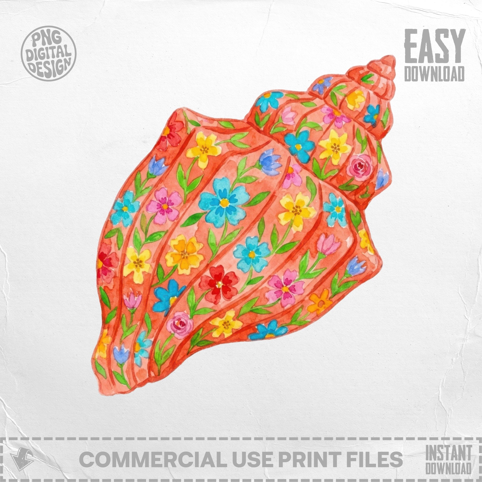 Coral seashell with colorful floral pattern, watercolor style.