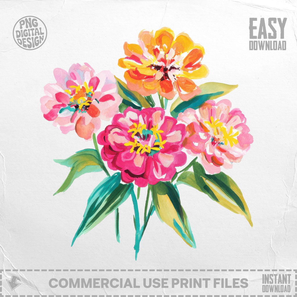 Watercolor illustration of pink and orange zinnias with green leaves, "PNG DIGITAL DESIGN" and "EASY DOWNLOAD" text.