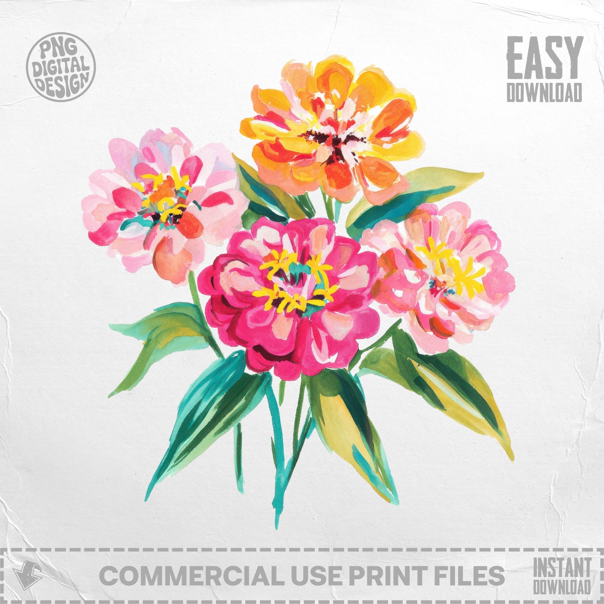Watercolor illustration of pink and orange zinnias with green leaves, "PNG DIGITAL DESIGN" and "EASY DOWNLOAD" text.