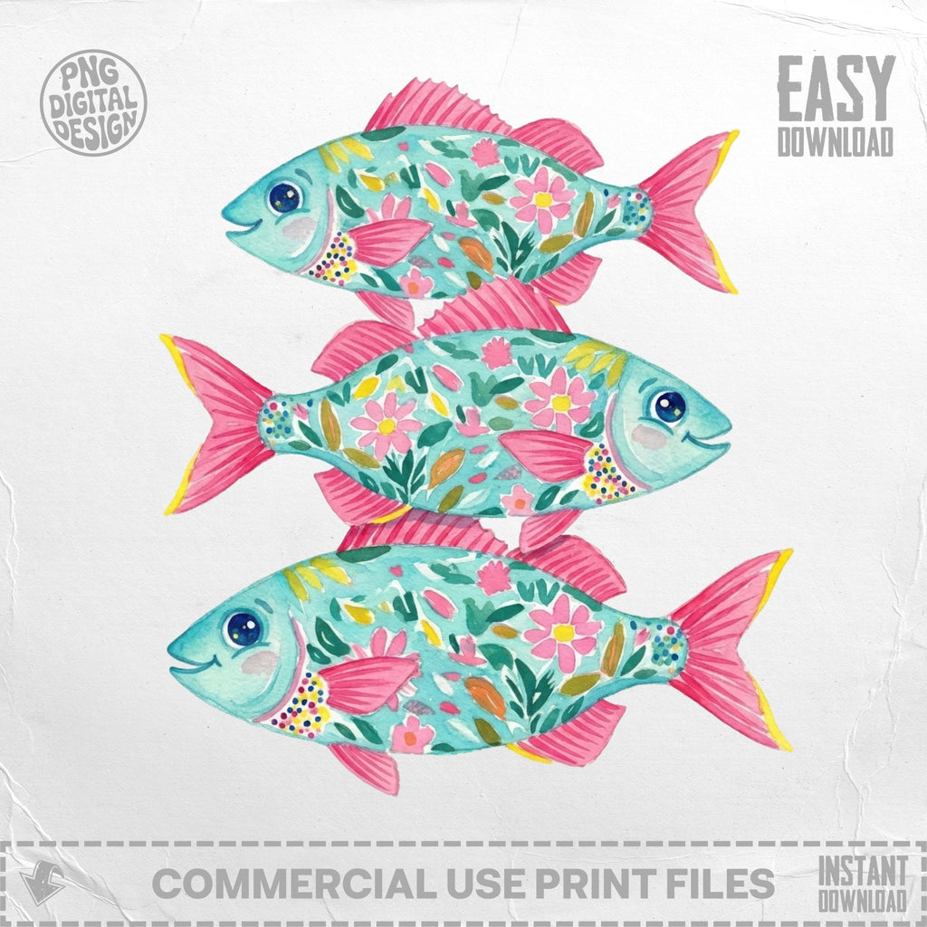 Three light blue fish with pink floral patterns, "Easy Download" and "PNG Digital Design" text.