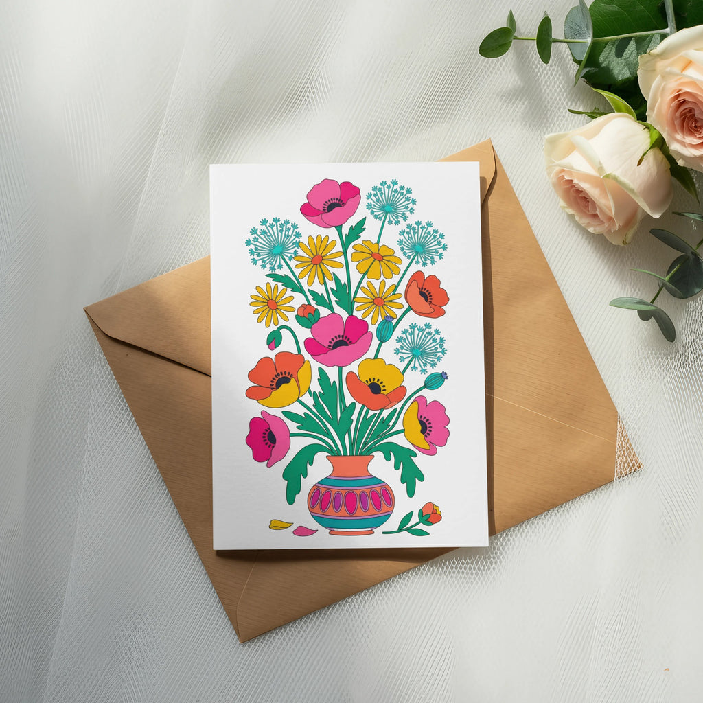 Card with colorful folk art floral illustration on brown envelope.