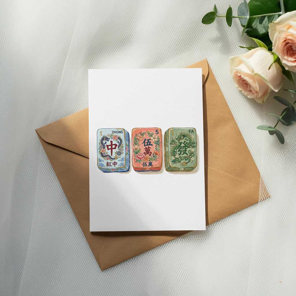 Mahjong tiles Zhong, Zhong, and Fa on a white card with a brown envelope.