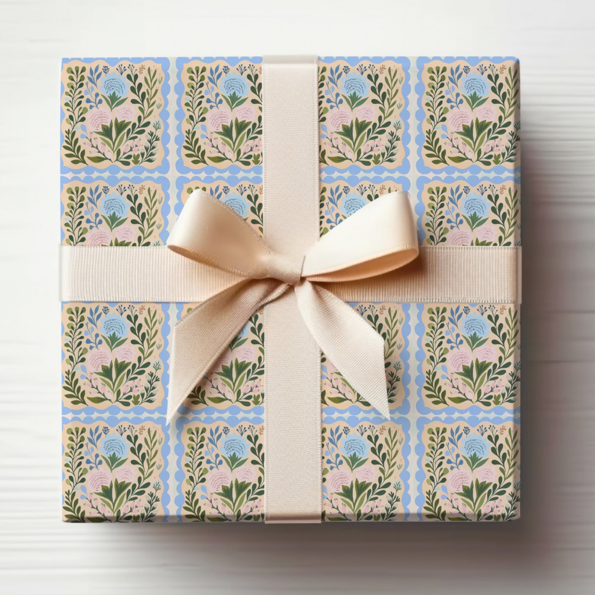 Blue Pink Floral Scalloped Square Pattern product type