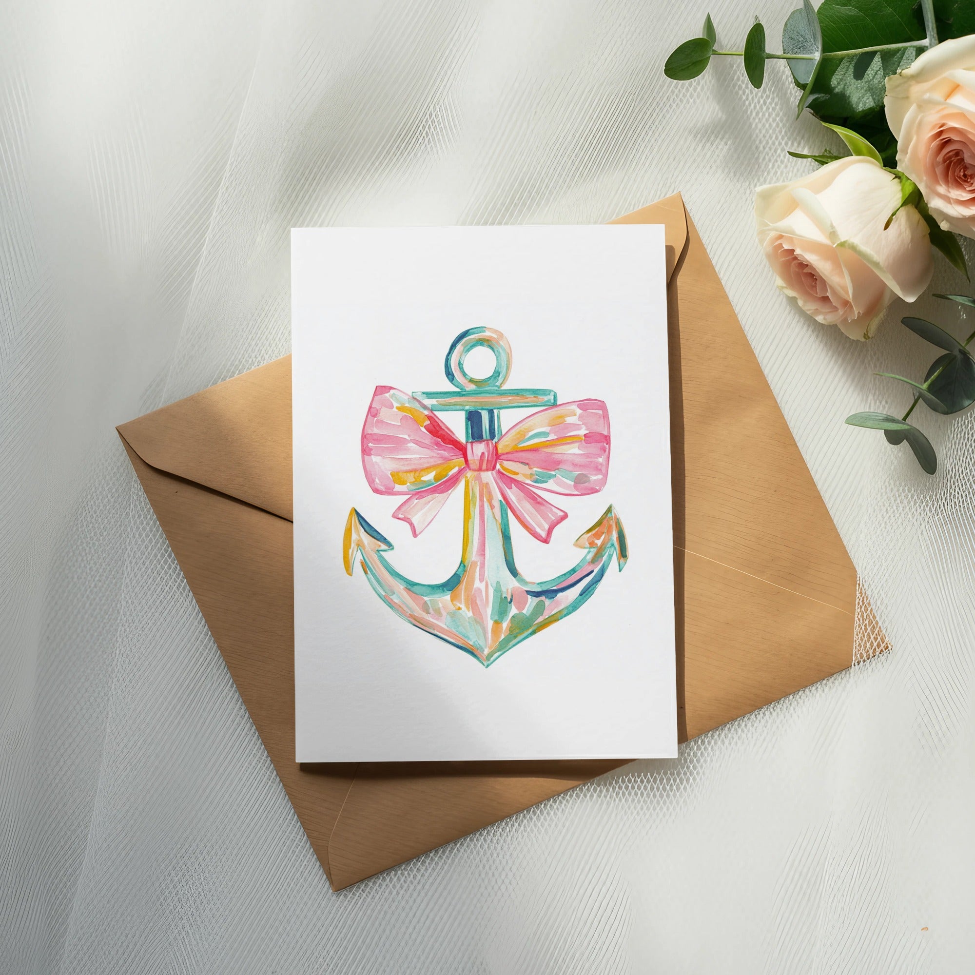 Watercolor anchor with pink bow on card, with roses and eucalyptus.
