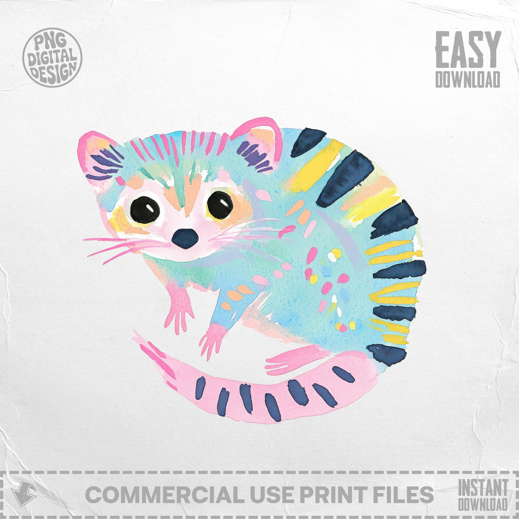 Watercolor illustration of a colorful raccoon-like animal with pink tail.
