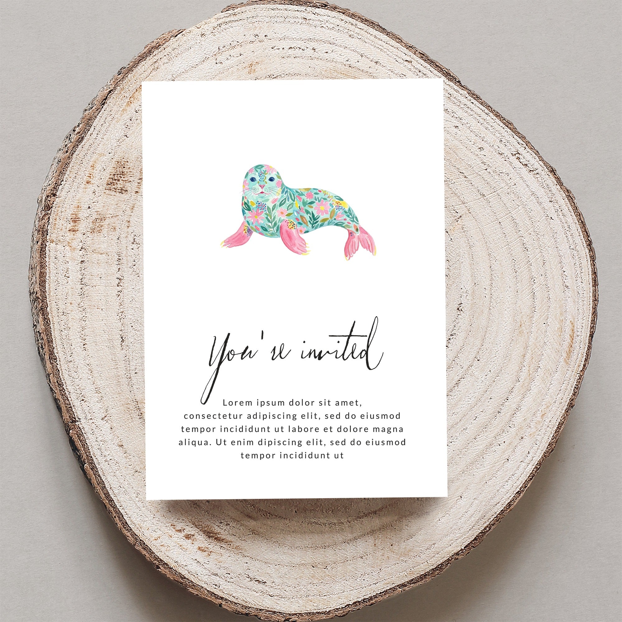 Invitation with floral seal illustration and placeholder text.