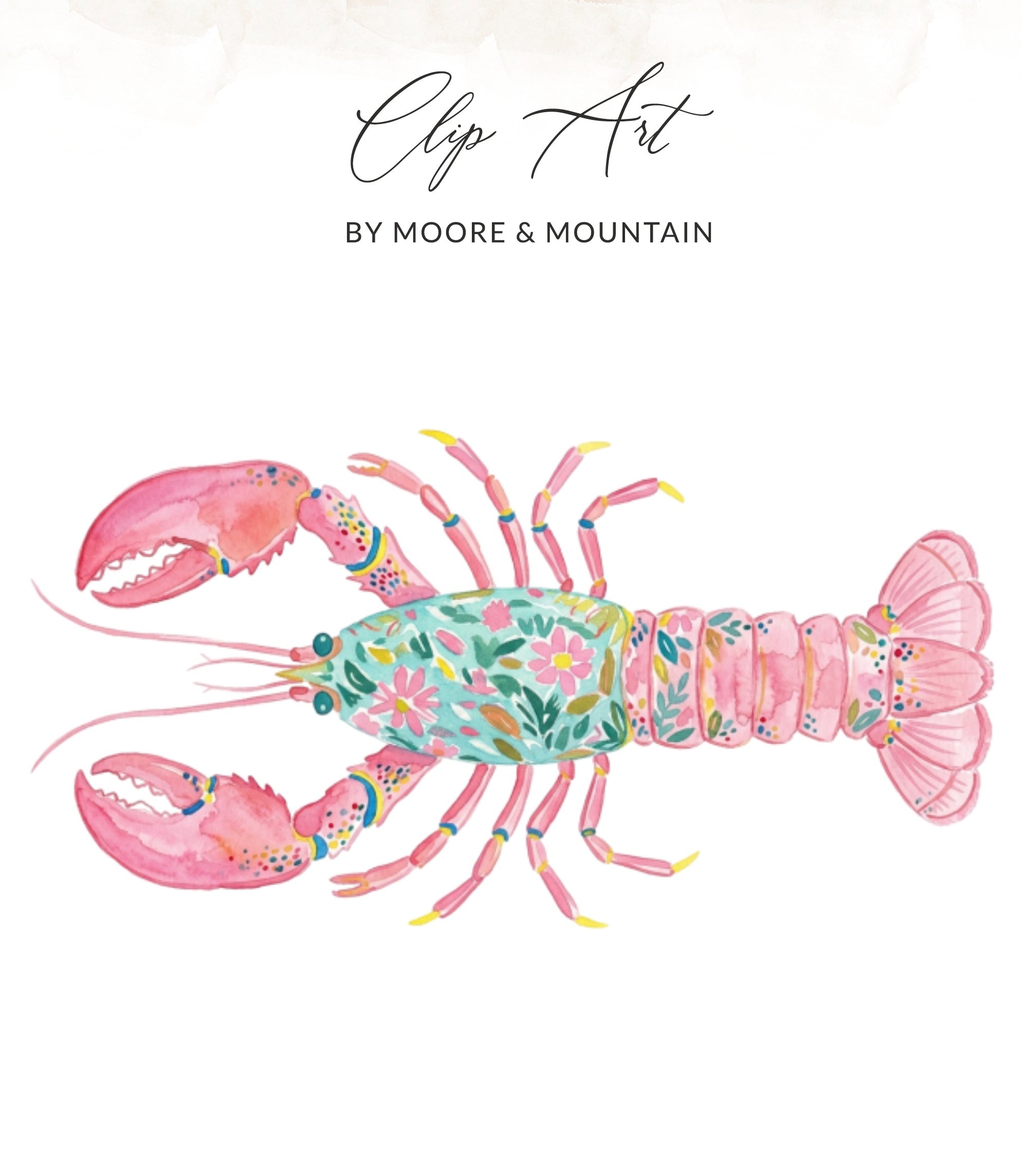 Pink watercolor lobster with a floral patterned body.