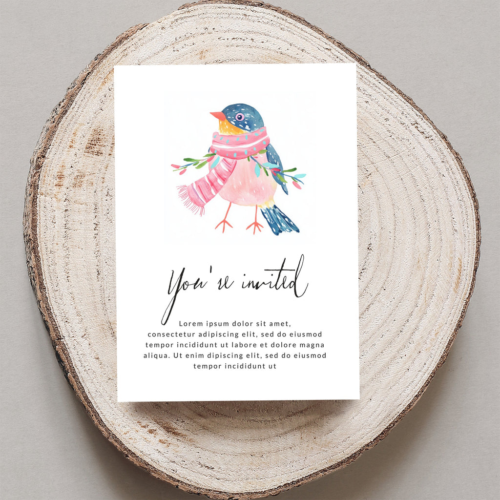 Watercolor bird wearing a pink scarf on an invitation card.