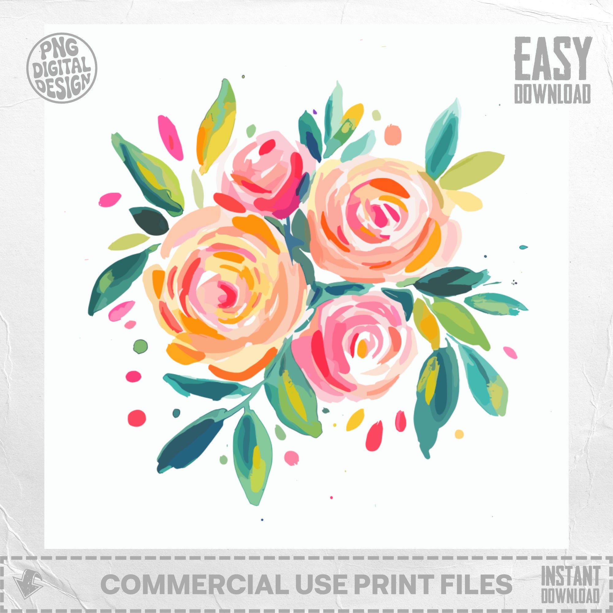 Floral bouquet with watercolor roses and leaves, pink, orange, and green.
