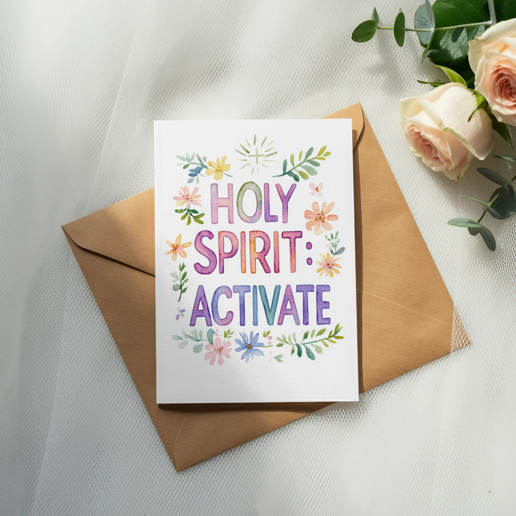 Holy Spirit: Activate card with floral accents on envelope with roses.