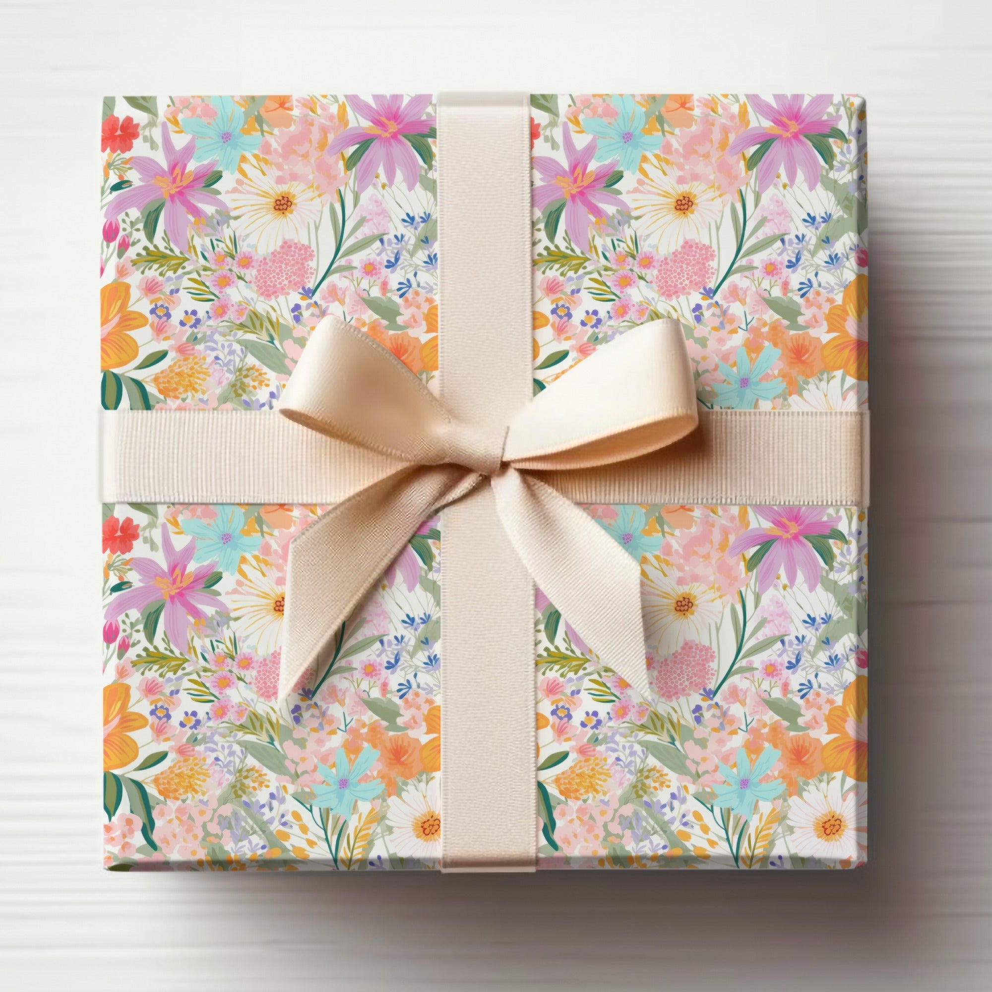 Colorful Floral Gift Box With Cream Ribbon  Gift Wrapping