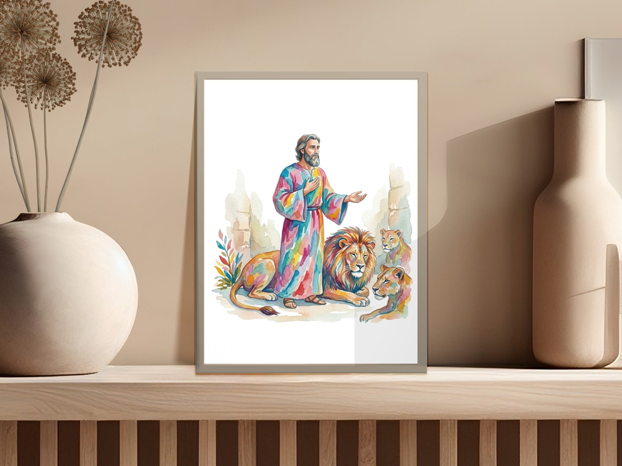 Biblical scene with man in colorful robe beside lions.
