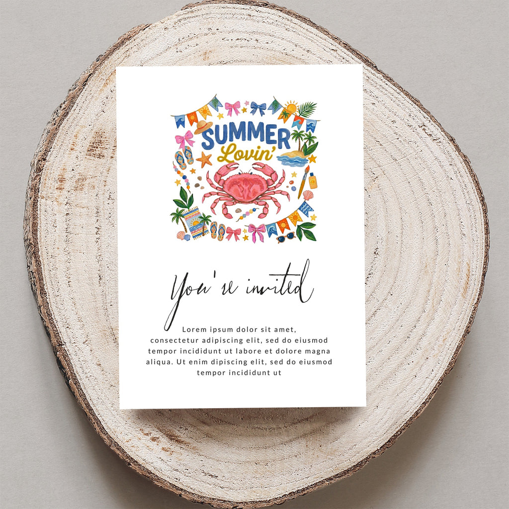 "Summer Lovin'" invitation with crab and beach icons, "You're invited" text.