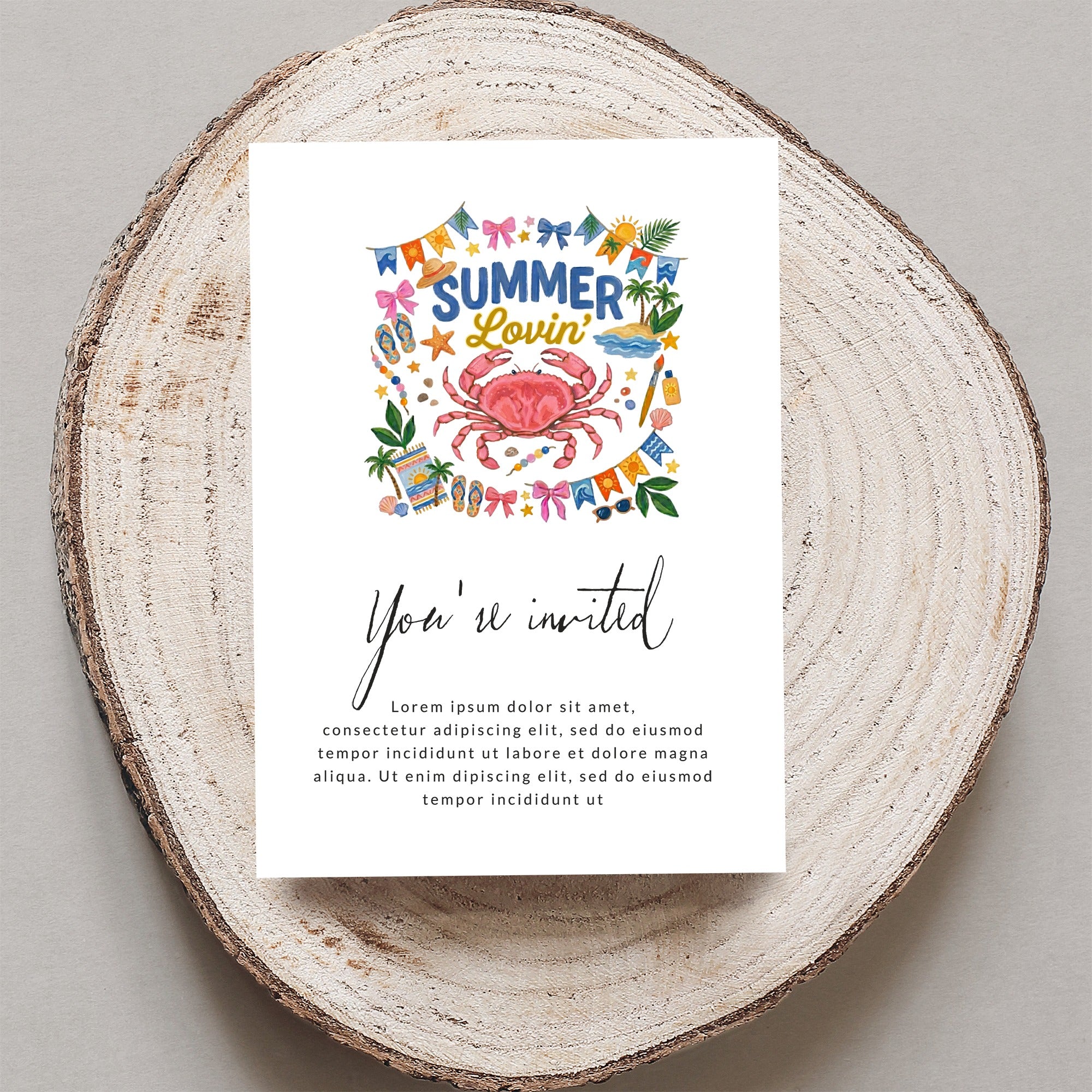 "Summer Lovin'" invitation with crab and beach icons, "You're invited" text.