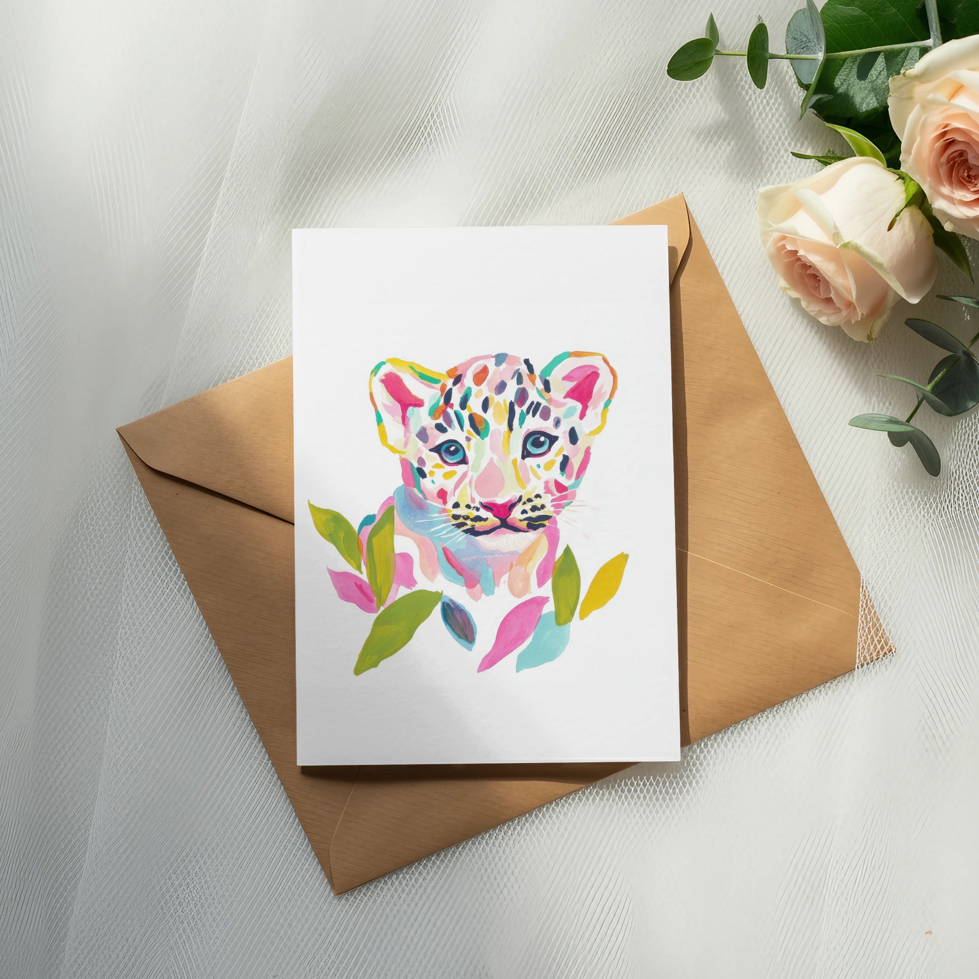 Watercolor painting of a colorful leopard cub on a card, resting on an envelope.
