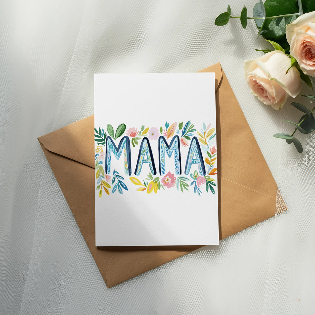 Card with "MAMA" in colorful floral lettering on an envelope.